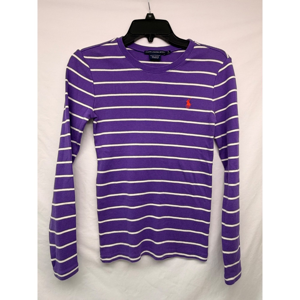 Ralph Lauren Sport Womens Purple White Striped Long Sleeve Cotton Tee Shirt S